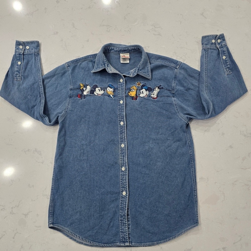 Vintage 90s Disney Mickey Mouse Corduroy Shirt Womens M Embroidered Retro Y2K
